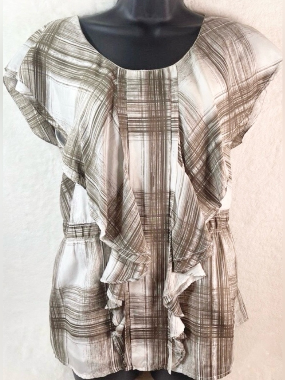 Pure Sugar 100% Silk Ruffle Blouse | Brown & Ivory | Boho Flutter Sleeve | L